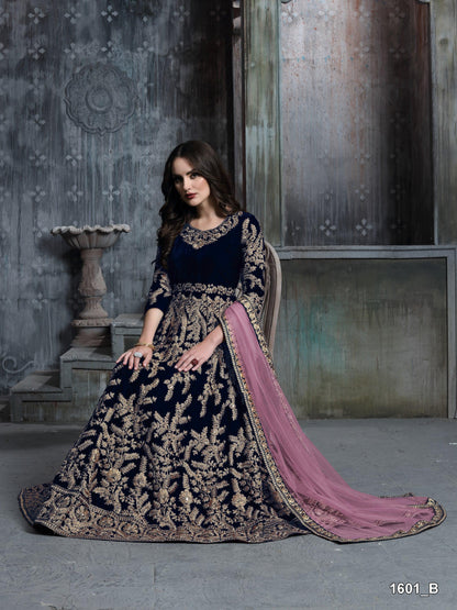 Anaita Navy Blue Embroidered Velvet Patiala Suit