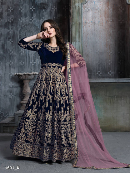 Anaita Navy Blue Embroidered Velvet Patiala Suit