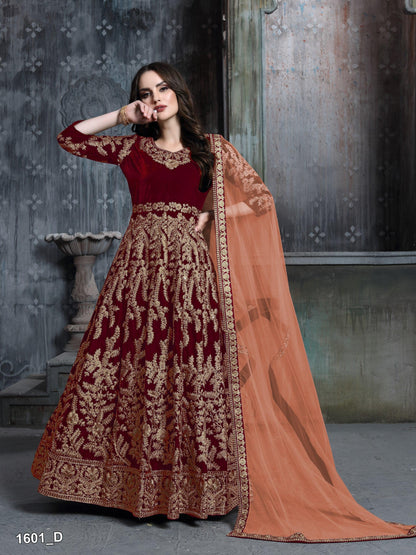 Anaita Maroon Embroidered Velvet Patiala Suit