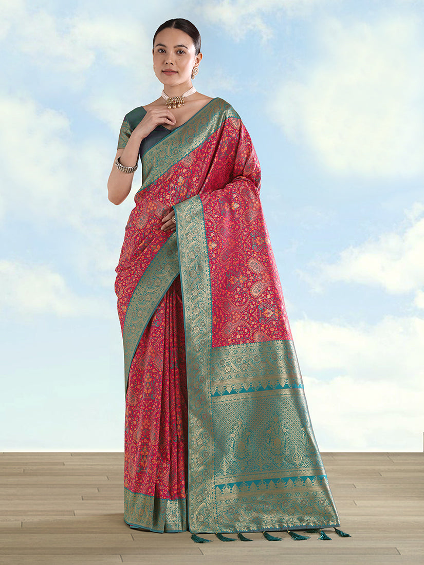 Monjolika Fashion Rani Pink Banarasi Silk Saree With Traditional Paisley Weaves