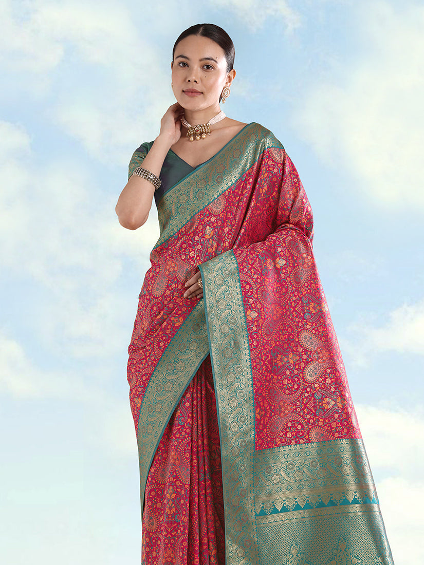 Monjolika Fashion Rani Pink Banarasi Silk Saree With Traditional Paisley Weaves