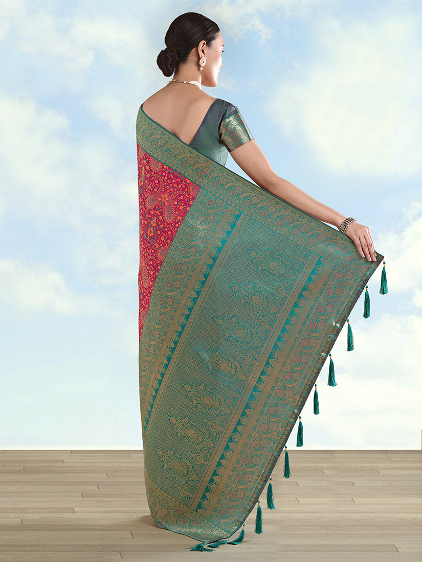 Monjolika Fashion Rani Pink Banarasi Silk Saree With Traditional Paisley Weaves