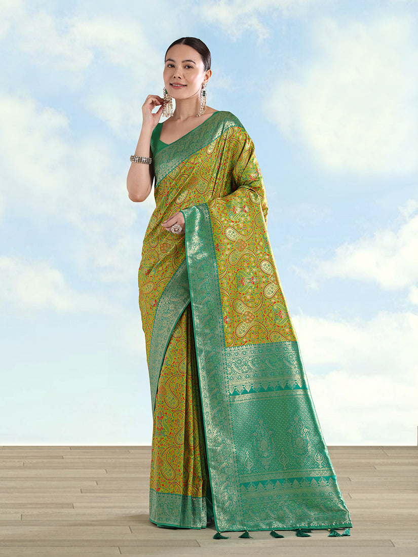 Monjolika Fashion Lemon Green Banarasi Silk Saree With Traditional Paisley Weaves