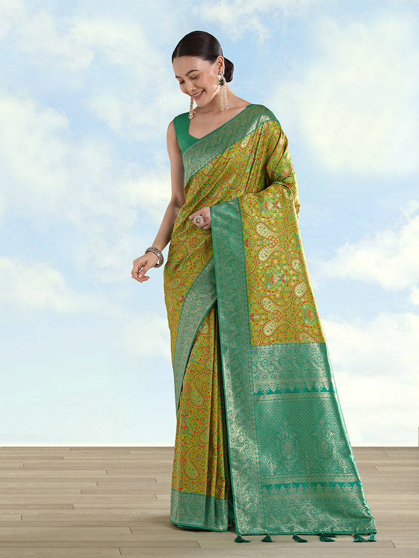 Monjolika Fashion Lemon Green Banarasi Silk Saree With Traditional Paisley Weaves