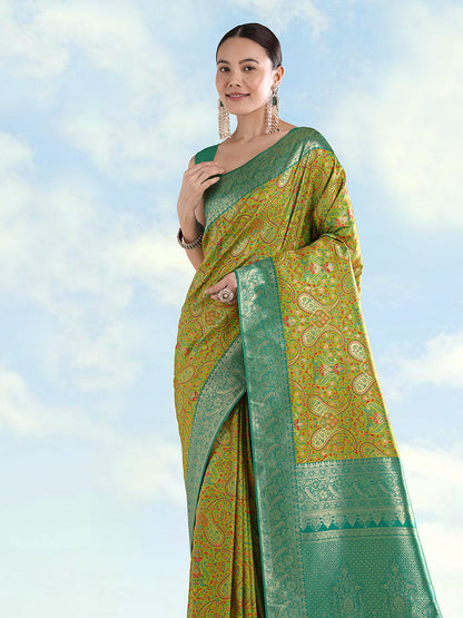 Monjolika Fashion Lemon Green Banarasi Silk Saree With Traditional Paisley Weaves