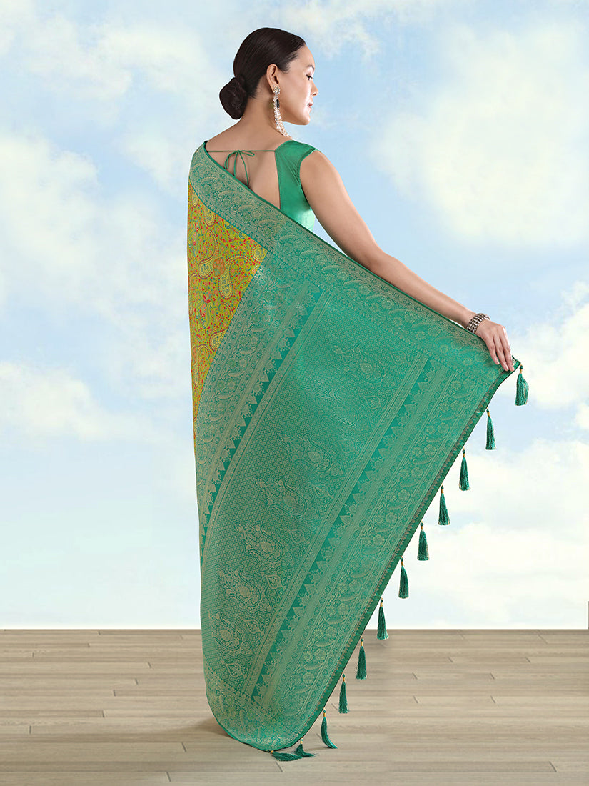 Monjolika Fashion Lemon Green Banarasi Silk Saree With Traditional Paisley Weaves