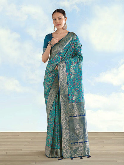 Monjolika Fashion Turquoise Banarasi Silk Saree With Traditional Paisley Weaves