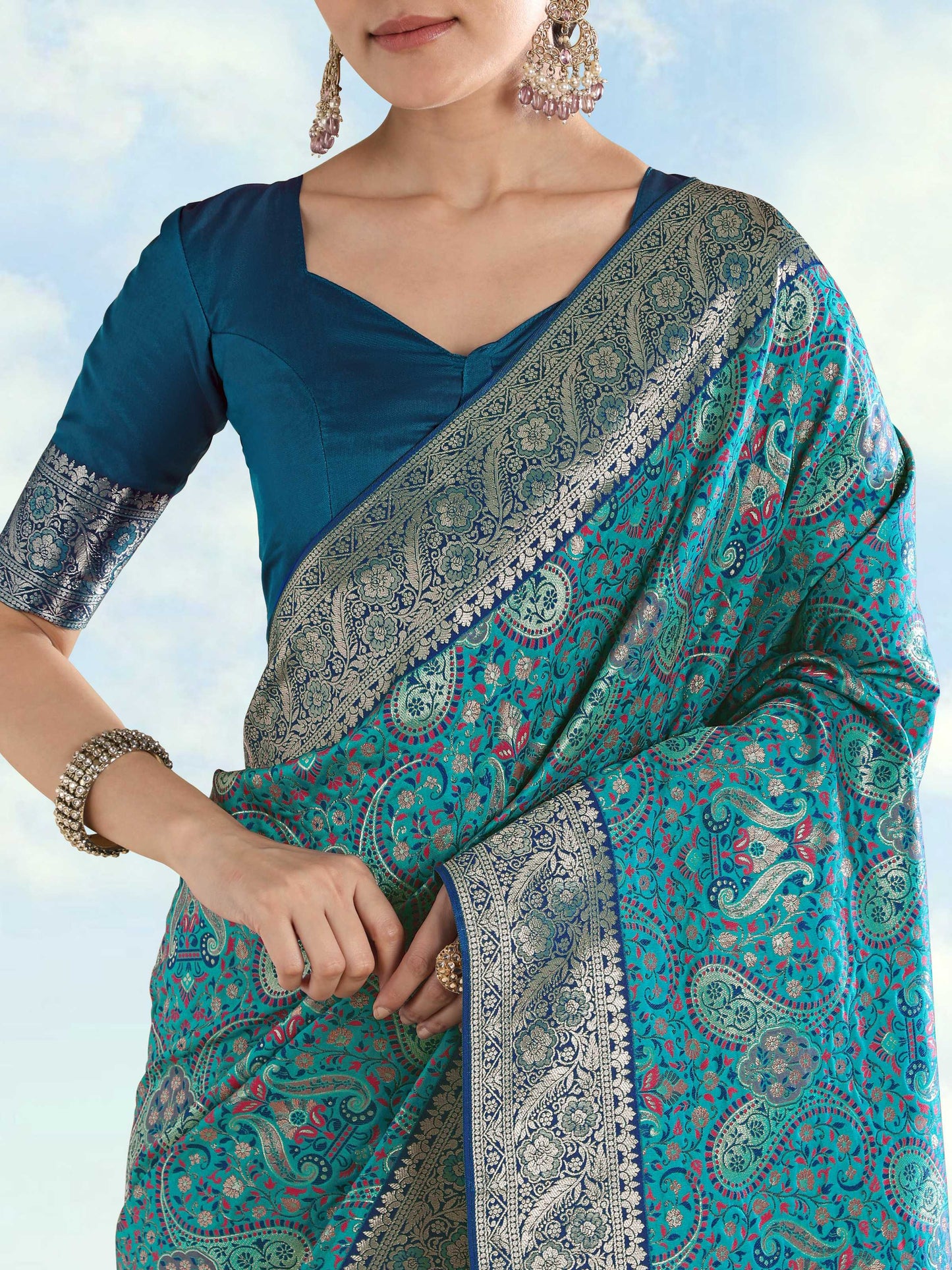 Monjolika Fashion Turquoise Banarasi Silk Saree With Traditional Paisley Weaves