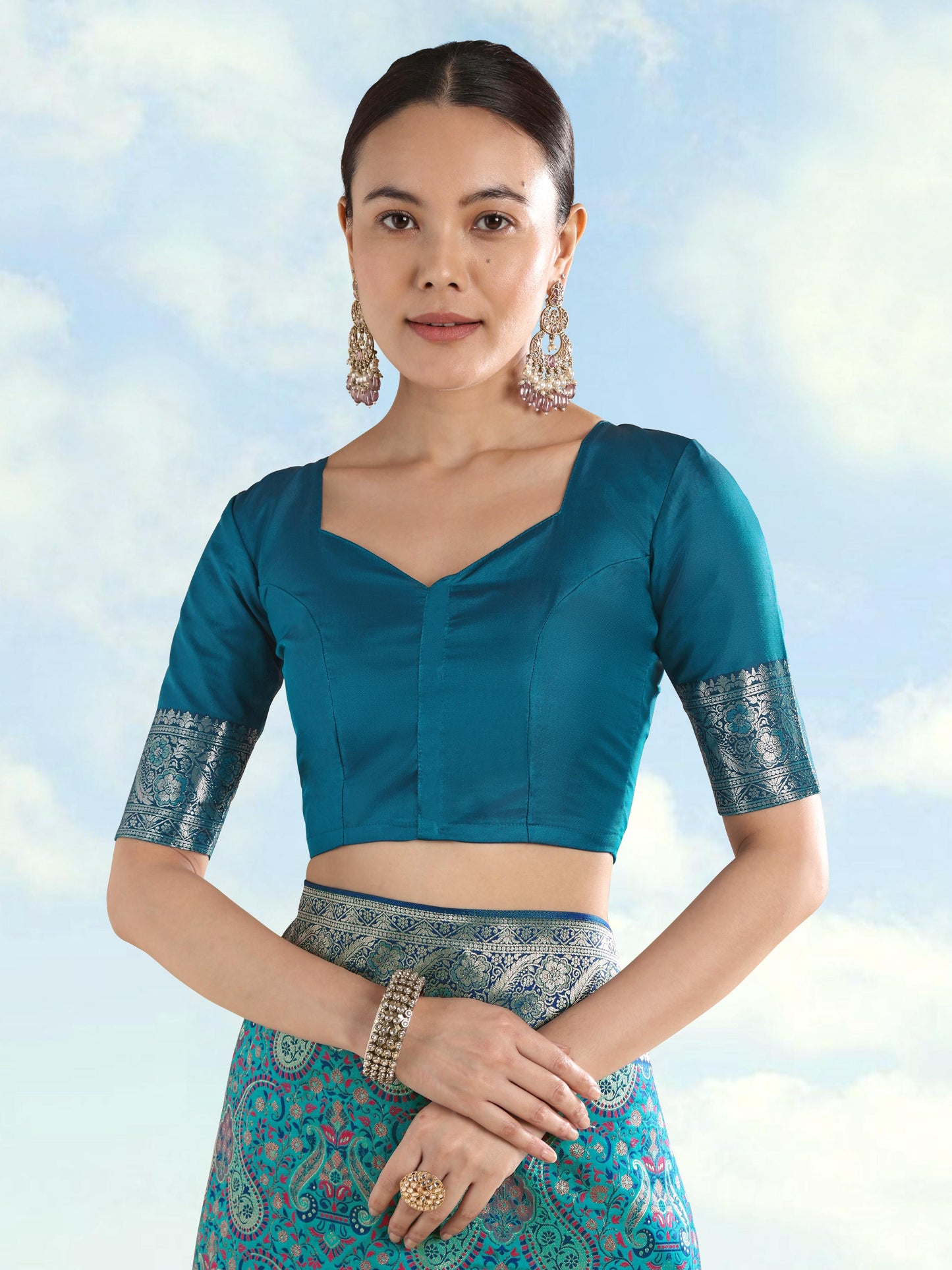Monjolika Fashion Turquoise Banarasi Silk Saree With Traditional Paisley Weaves