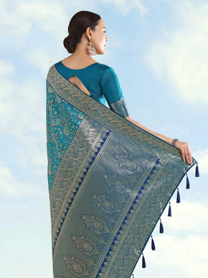 Monjolika Fashion Turquoise Banarasi Silk Saree With Traditional Paisley Weaves