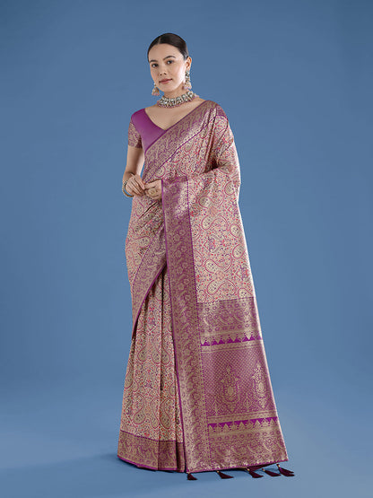 Monjolika Fashion Beige Banarasi Silk Saree With Traditional Paisley Weaves