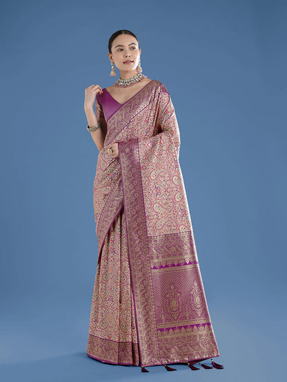 Monjolika Fashion Beige Banarasi Silk Saree With Traditional Paisley Weaves