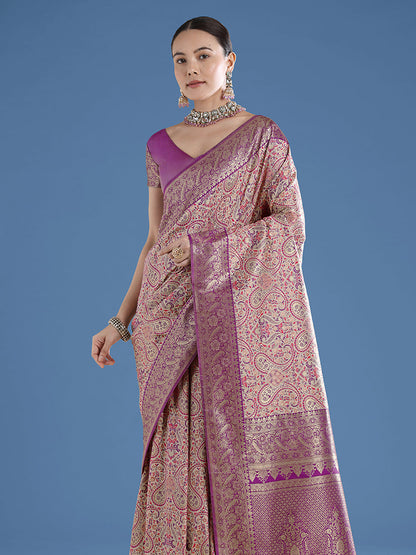 Monjolika Fashion Beige Banarasi Silk Saree With Traditional Paisley Weaves
