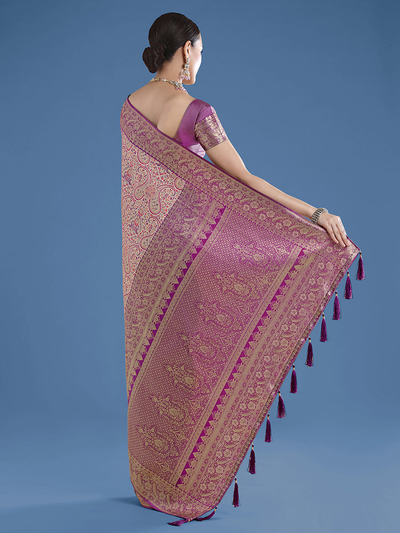Monjolika Fashion Beige Banarasi Silk Saree With Traditional Paisley Weaves