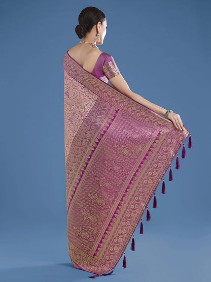Monjolika Fashion Beige Banarasi Silk Saree With Traditional Paisley Weaves