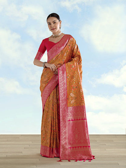Monjolika Fashion Mustard Banarasi Silk Saree With Traditional Paisley Weaves