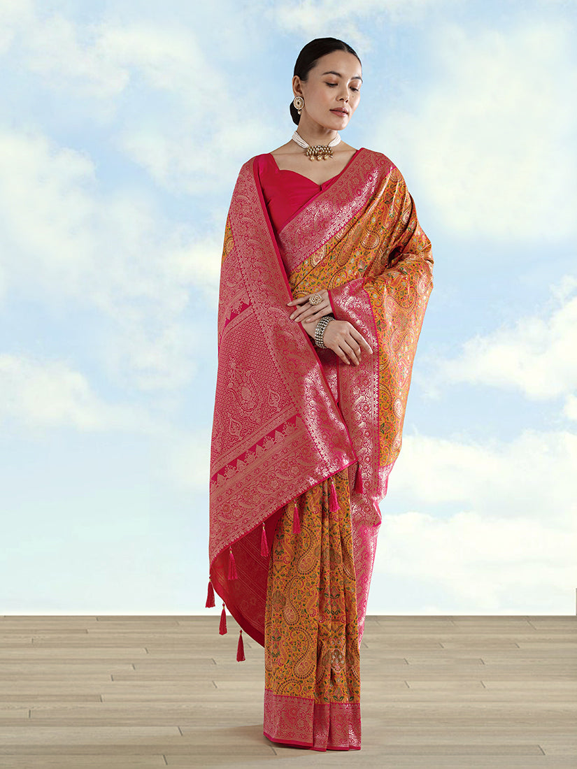 Monjolika Fashion Mustard Banarasi Silk Saree With Traditional Paisley Weaves