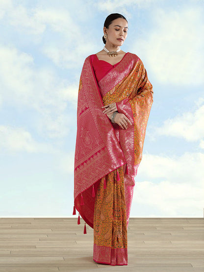 Monjolika Fashion Mustard Banarasi Silk Saree With Traditional Paisley Weaves
