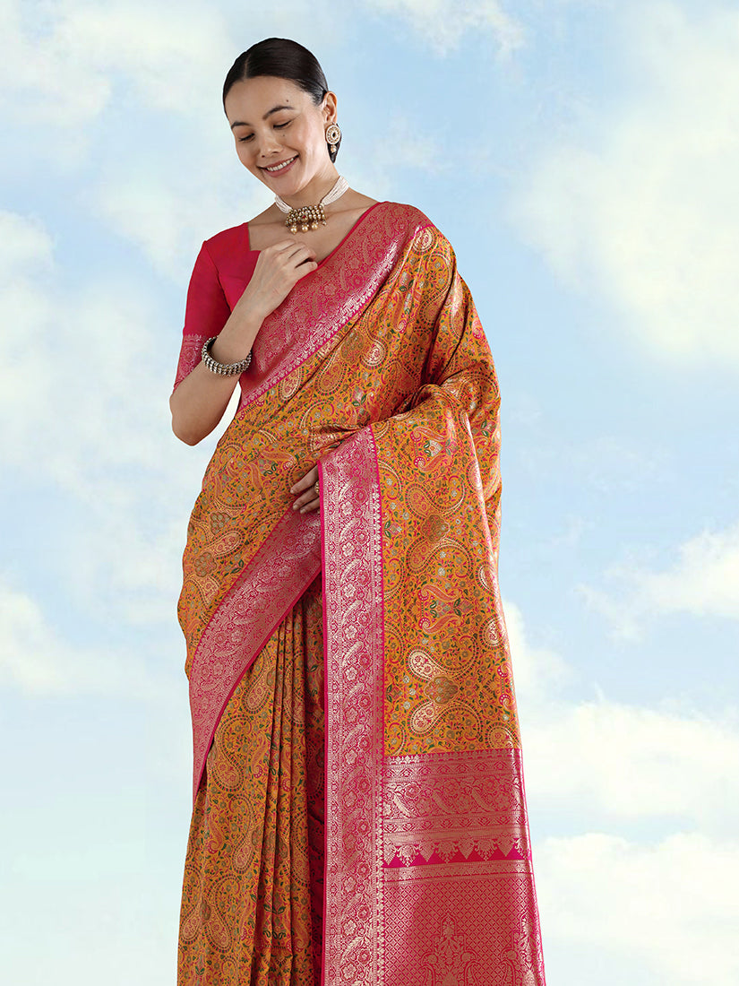 Monjolika Fashion Mustard Banarasi Silk Saree With Traditional Paisley Weaves