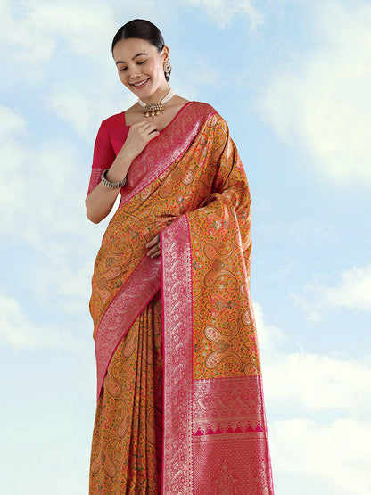 Monjolika Fashion Mustard Banarasi Silk Saree With Traditional Paisley Weaves