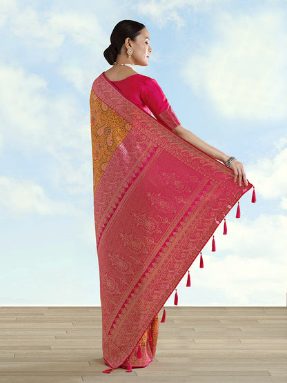 Monjolika Fashion Mustard Banarasi Silk Saree With Traditional Paisley Weaves
