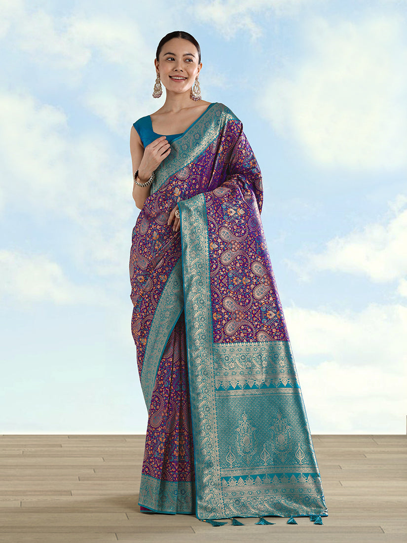 Monjolika Fashion Purple Banarasi Silk Saree With Traditional Paisley Weaves