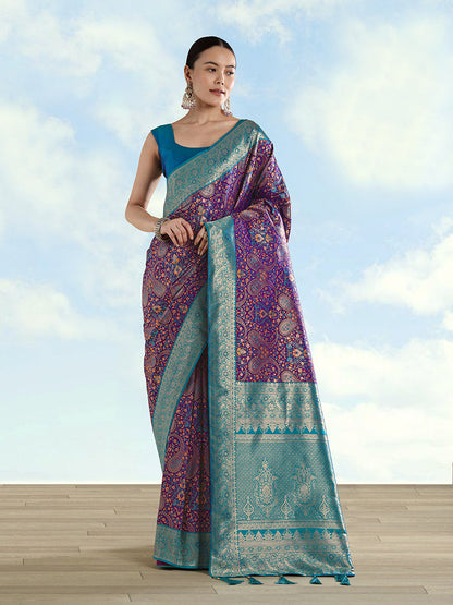 Monjolika Fashion Purple Banarasi Silk Saree With Traditional Paisley Weaves