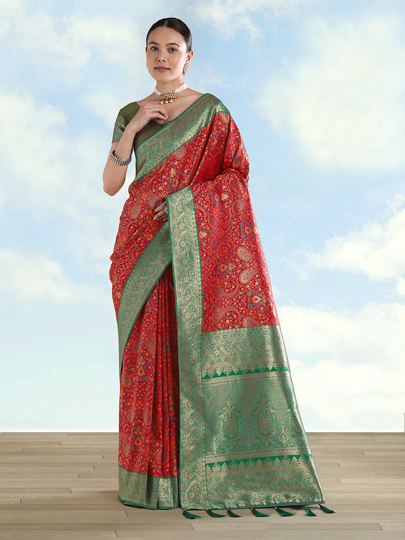 Monjolika Fashion Red Banarasi Silk Saree With Traditional Paisley Weaves