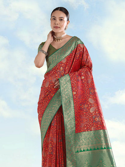 Monjolika Fashion Red Banarasi Silk Saree With Traditional Paisley Weaves