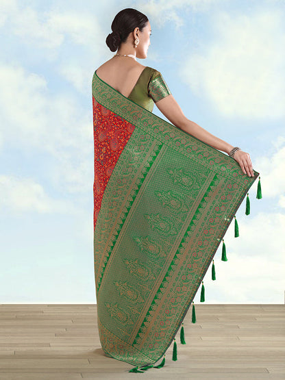 Monjolika Fashion Red Banarasi Silk Saree With Traditional Paisley Weaves