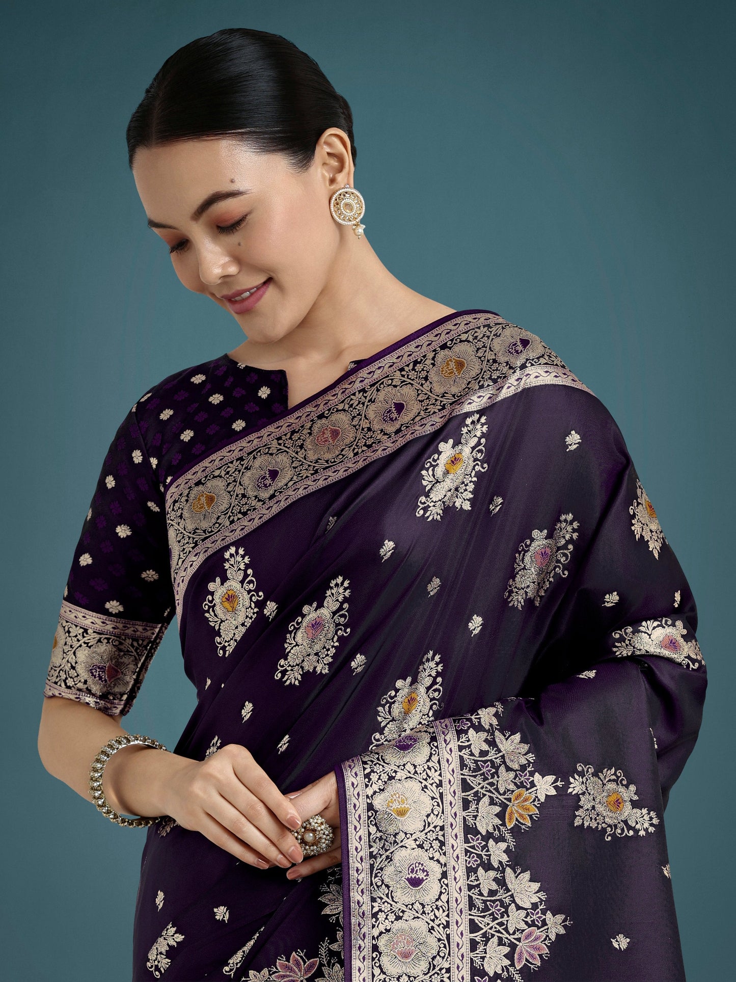 Monjolika Fashion Dark Purple Glamour and Tradition With This Zari Woven Banarasi Satin Silk Saree