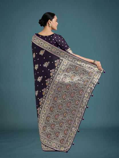 Monjolika Fashion Dark Purple Glamour and Tradition With This Zari Woven Banarasi Satin Silk Saree