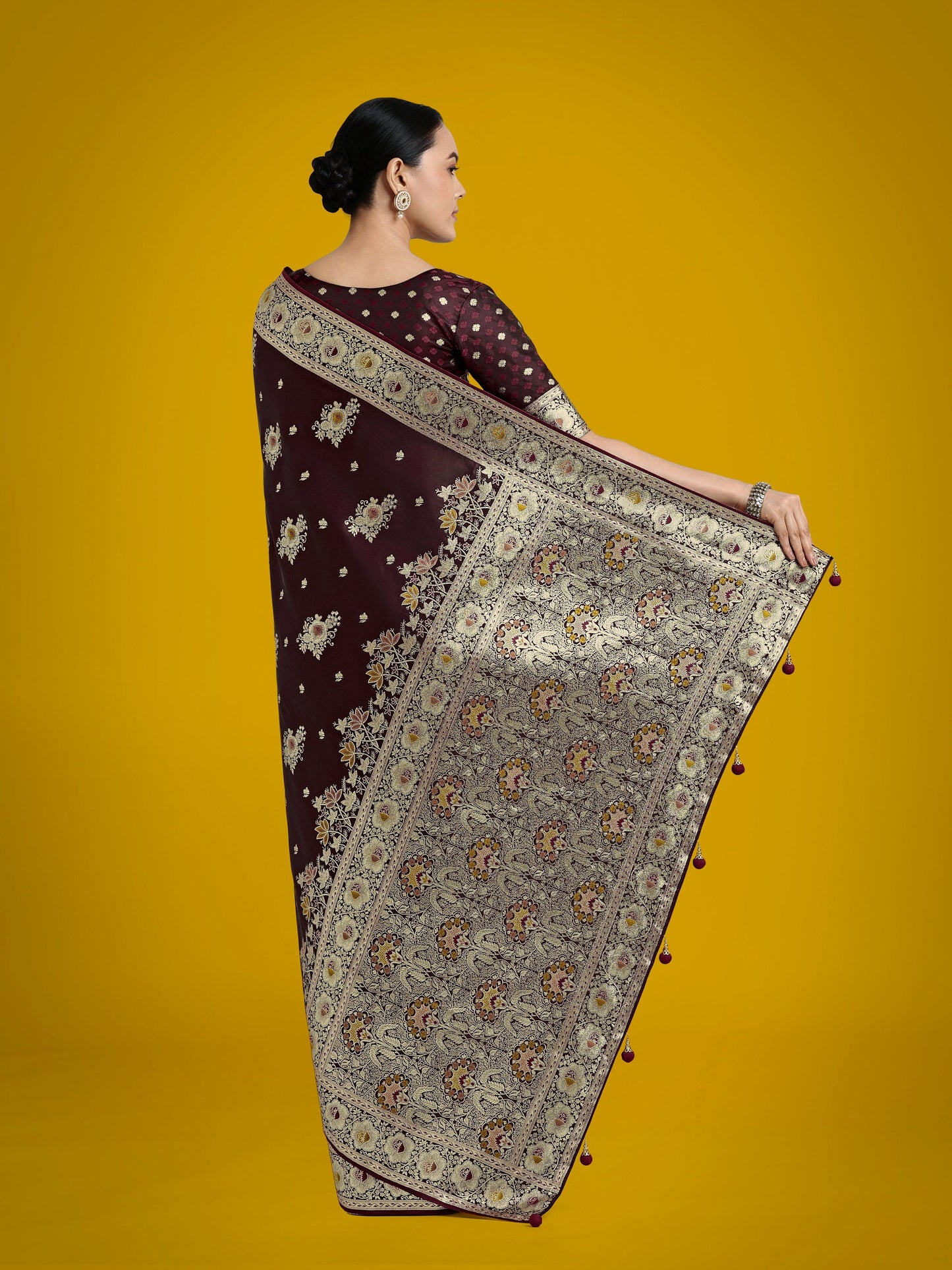 Monjolika Fashion Dark Maroon Glamour and Tradition With This Zari Woven Banarasi Satin Silk Saree