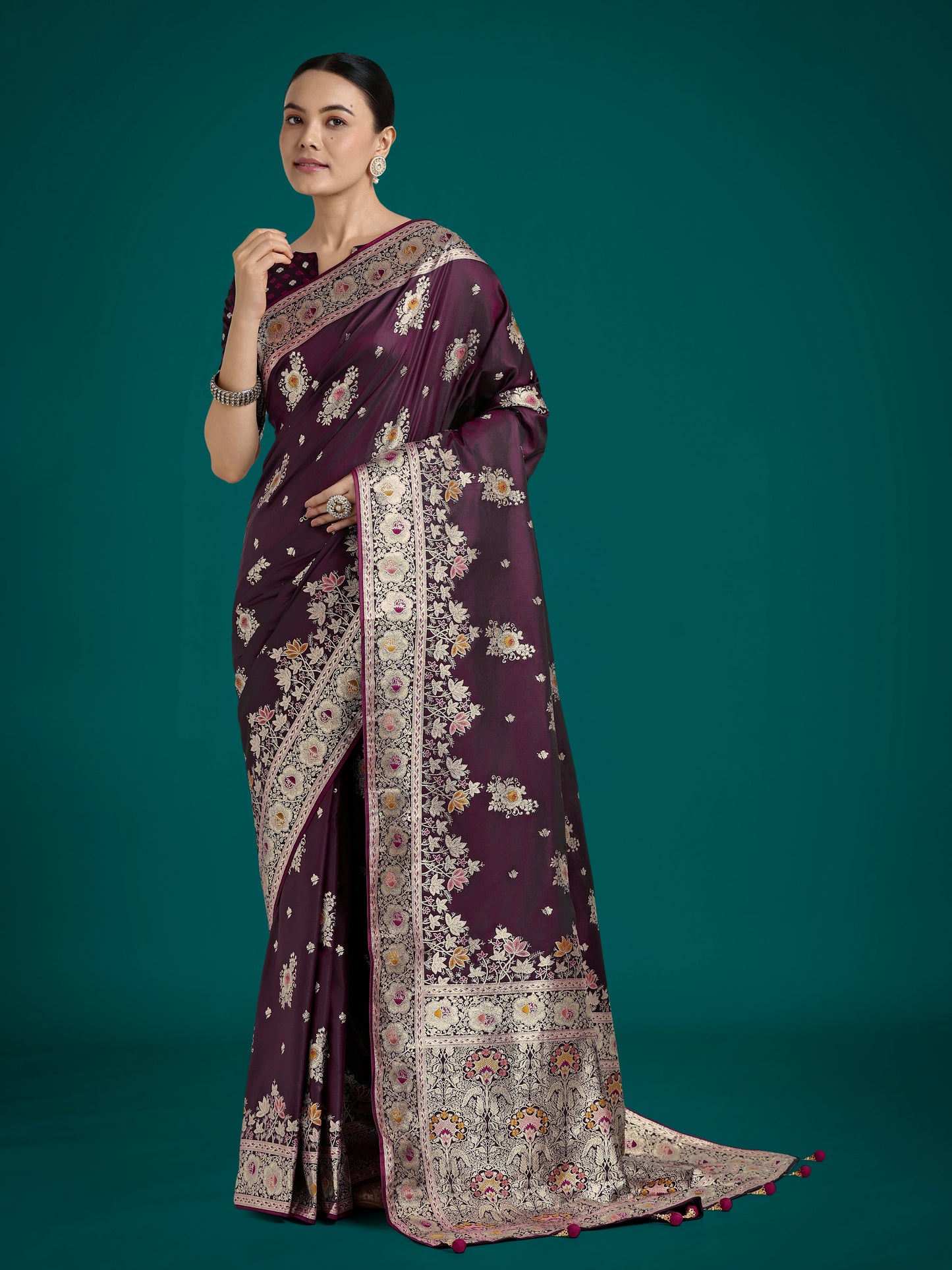 Monjolika Fashion Dark Wine Glamour and Tradition With This Zari Woven Banarasi Satin Silk Saree