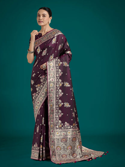 Monjolika Fashion Dark Wine Glamour and Tradition With This Zari Woven Banarasi Satin Silk Saree