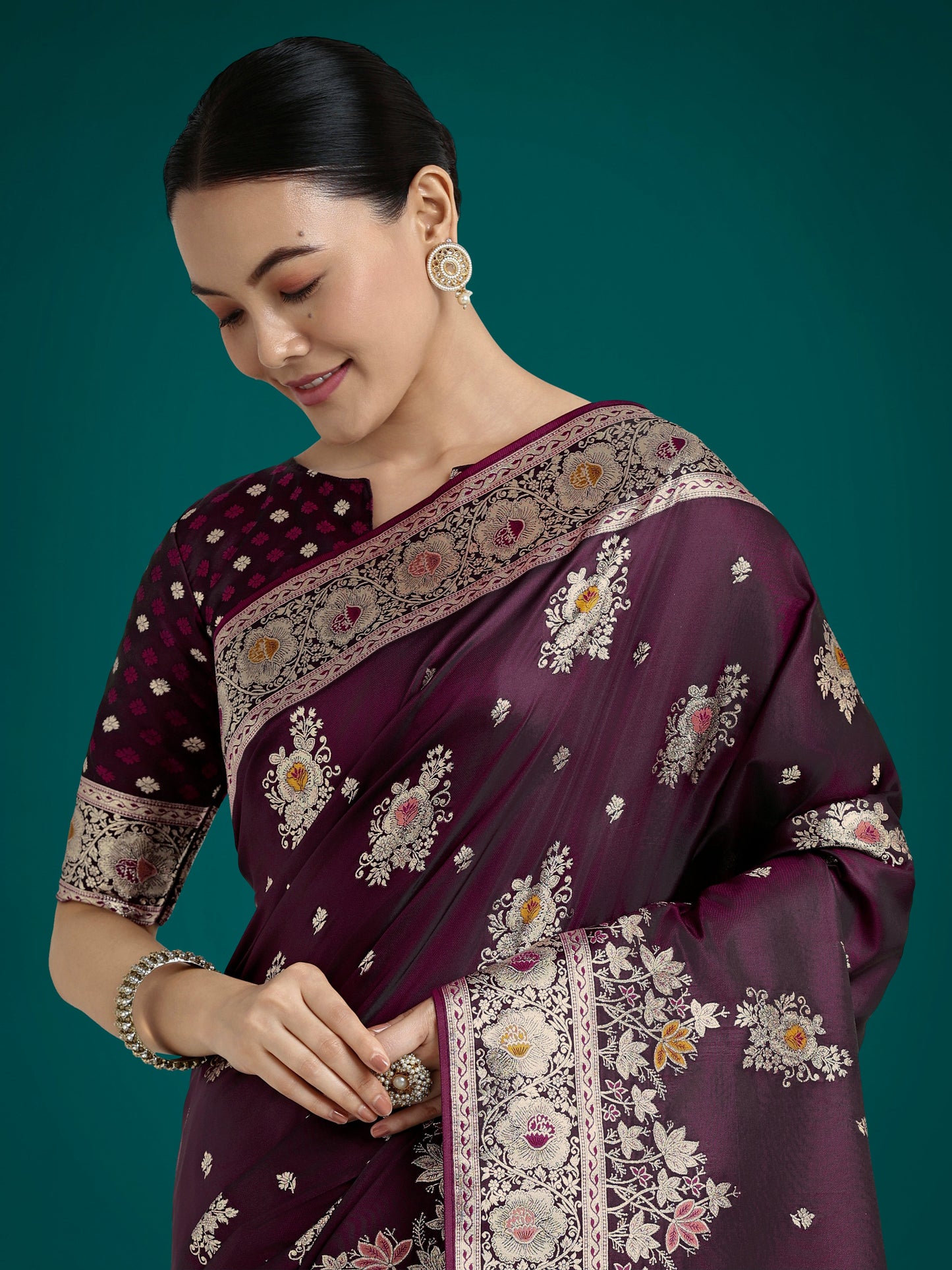 Monjolika Fashion Dark Wine Glamour and Tradition With This Zari Woven Banarasi Satin Silk Saree