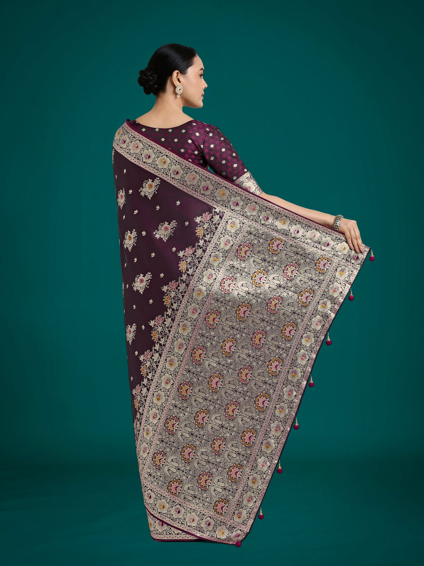 Monjolika Fashion Dark Wine Glamour and Tradition With This Zari Woven Banarasi Satin Silk Saree