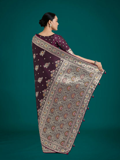 Monjolika Fashion Dark Wine Glamour and Tradition With This Zari Woven Banarasi Satin Silk Saree