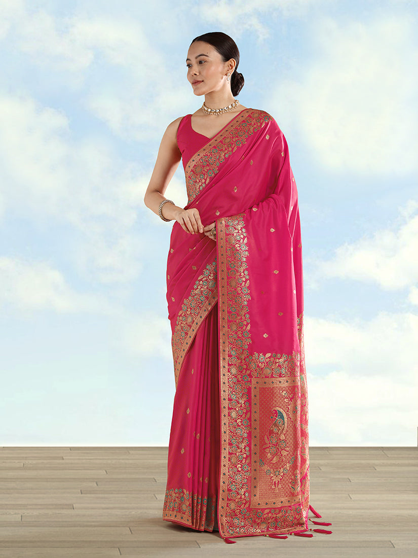 Monjolika Fashion Rani Pink Banarasi Satin Silk Saree With Zari Border And Butti Work