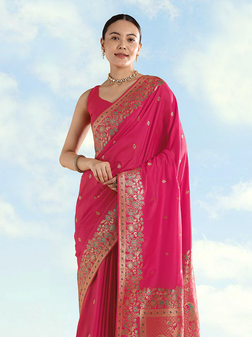 Monjolika Fashion Rani Pink Banarasi Satin Silk Saree With Zari Border And Butti Work
