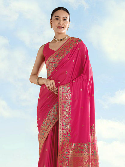 Monjolika Fashion Rani Pink Banarasi Satin Silk Saree With Zari Border And Butti Work