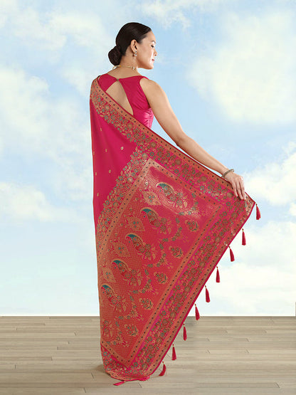 Monjolika Fashion Rani Pink Banarasi Satin Silk Saree With Zari Border And Butti Work