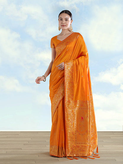Monjolika Fashion Orange Banarasi Satin Silk Saree With Zari Border And Butti Work