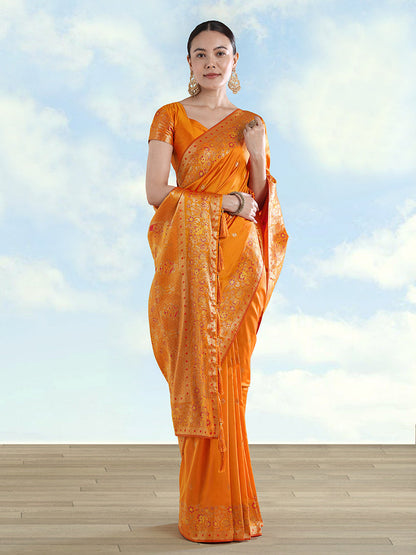 Monjolika Fashion Orange Banarasi Satin Silk Saree With Zari Border And Butti Work