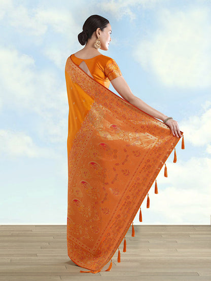 Monjolika Fashion Orange Banarasi Satin Silk Saree With Zari Border And Butti Work