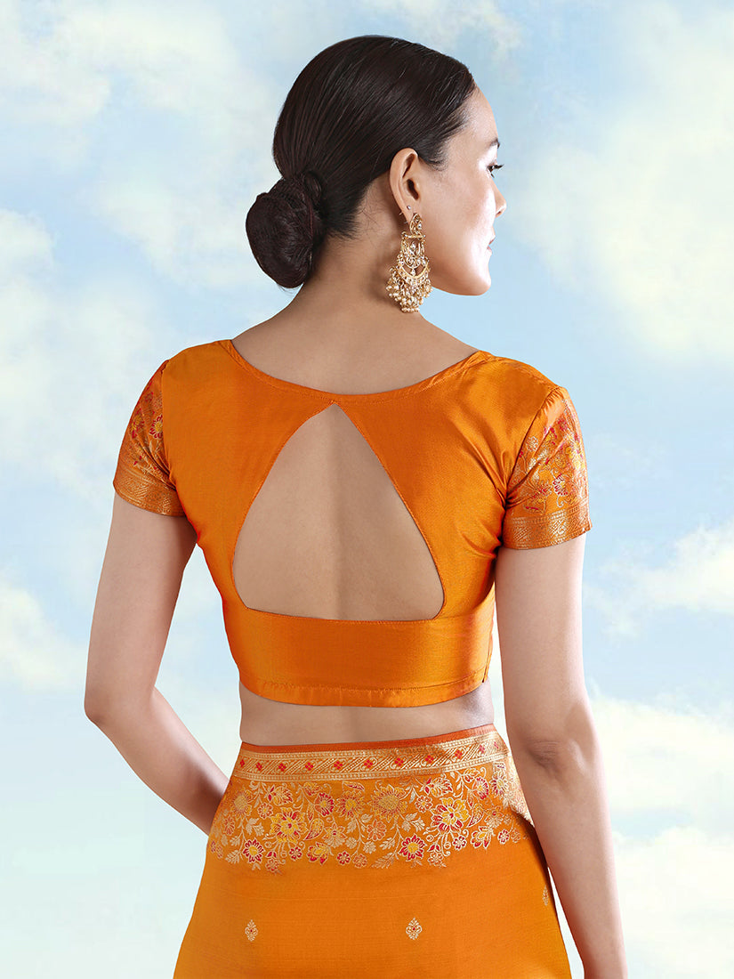 Monjolika Fashion Orange Banarasi Satin Silk Saree With Zari Border And Butti Work