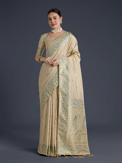 Monjolika Fashion Cream Banarasi Satin Silk Saree With Zari Border And Butti Work