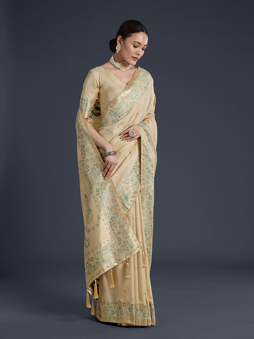 Monjolika Fashion Cream Banarasi Satin Silk Saree With Zari Border And Butti Work