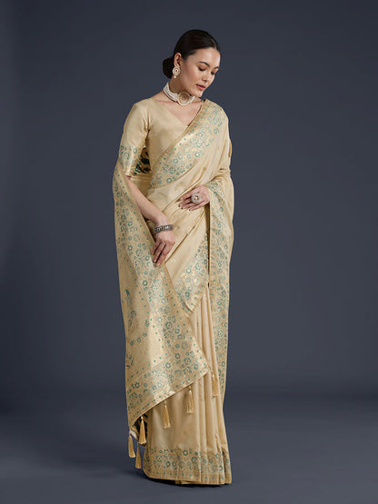 Monjolika Fashion Cream Banarasi Satin Silk Saree With Zari Border And Butti Work
