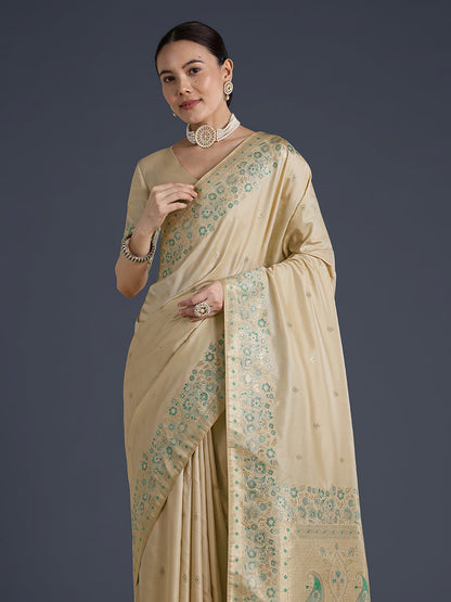 Monjolika Fashion Cream Banarasi Satin Silk Saree With Zari Border And Butti Work